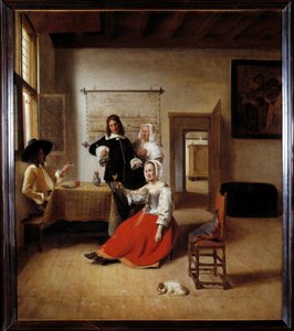 Pijący Alkoholik mieszkający we flamandzkim domu otoczony przez innych pijących. Obraz Pietera de Hoocha (1629-1684) 1658 Nd. 0,69x0,6 m - Pijąca kobieta z żołnierzami. Wnętrze domu flamandzkiego. Obraz Pietera de Hoocha (1629-1684)