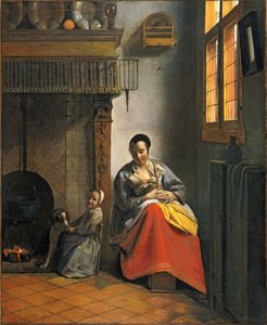 Kobieta karmiąca niemowlę, z dzieckiem i psem autorstwa Pieter de Hooch