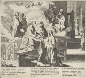 Pojawia się Katarzyna / Ślub Katarzyny / Katarzyna dzieli swój płaszcz Sceny z życia i cudów św. Katarzyny ze Sieny (tytuł serii) Vita mors gesta, et miracula quaedam selecta B. CATHERINAE SENENSIS (...) (tytuł serii) autorstwa Pieter de Jode (I)
