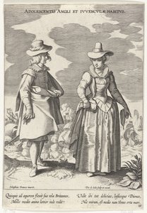 Paar, gekleed volgens de Engelse mode, ca. 1610 Adolescent English and English Habits (tytuł na obiekcie) Kostuums uit verschiedelden landen (tytuł serii) Ozdoby różnych narodów (tytuł serii) autorstwa Pieter de Jode (I)