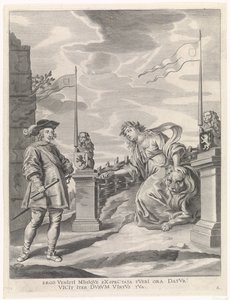 Ferdynand otrzymuje klucze do miasta od dziewicy miasta Gandawy Radosny wjazd Kardynała Dzieciątka w Gandawie, 1635 (tytuł serii) autorstwa Pieter de Jode (II)