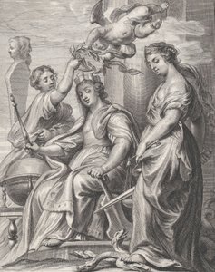 Alegoria Dobrego Rządu, usadowiona w centrum i zwieńczona putto i wo..., ca. 1640-74. autorstwa Pieter de Jode II