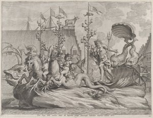 Ilustracja 35: Filip Hiszpański jako Neptun, jadący rydwanem zaprzężonym w dwa konie morskie, z Gu..., 1636.