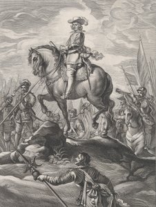 Ilustracja 8: Ferdynand na koniu przemierzający Alpy, z „Serenissimi...” Guillielmusa Becanusa, 1636.