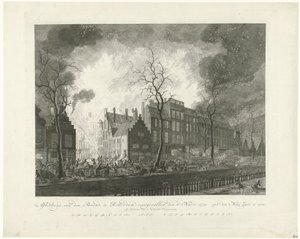 Pożar w Alei Garncarskiej w Rotterdamie, 1779 Image, van den Brand, pojawił się w Rotterdamie, jedenastego. Marzec 1779. Van den Maas Silk na wystawie (tytuł na obiekcie)