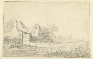 Krajobraz wydmowy z trzema postaciami przed farmą autorstwa Pieter de Neyn