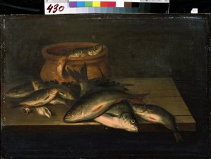 „Martwa natura z rybami” Obraz Pietera de Putter (ok. 1600-1659) Muzeum Sztuki Michaiła Kroszyckiego z XVII wieku, Sewastopol (Sewastopol) Ukraina autorstwa Pieter de Putter