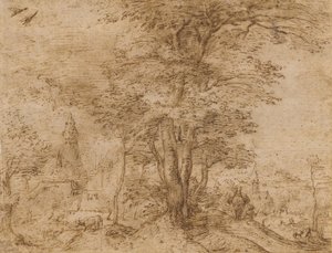 Wieś z grupą drzew i mułem, ok.1552-54 autorstwa Pieter Bruegel the Elder
