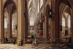 Wnętrze gotyckiej katedry z mieszczanami i świnkami, 1647