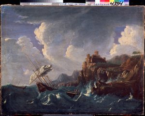 Burzliwe morze. Burzliwe morze. Obraz Pietera Muliera II Młodszego (lub Pietro Mulieribus lub Pietro Cavaliere Tempesta) (1637-1701). Sztuka holenderska, styl barokowy. Olej na płótnie. Państwowe Muzeum Historii i Sztuki, Serpukhov (Serpukhov).