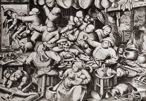 Wyrzucenie żebraka z kuchni bogacza, w XVI wieku (rycina) autorstwa Pieter the Younger Brueghel