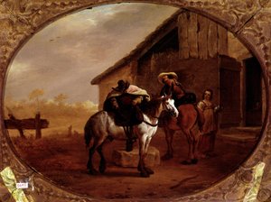 Wyjazd z hotelu Dwóch jeźdźców jedzie na koniach po postoju w karczmie. Obraz Pietera Van Laera dit Bamboccio (BAmboche ou Bamboots) (1592/5-1642) (ec.holl.) XVII w. Niedz. 32x43 cm Paryż, musee du Louvre - Wyjazd z gospody, autor: Piet autorstwa Pieter van Laar