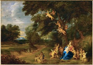 Święta Maria z Dzieciątkiem Jezus, świętym Janem Chrzcicielem i aniołami (obraz na drewnie dębowym) autorstwa Pieter van Avont