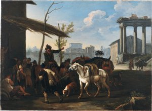 Chłopi przed karczmą, za nią miasto i starożytne ruiny autorstwa Pieter van Bloemen