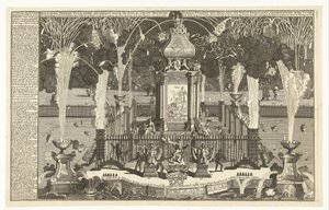 Fajerwerki na cześć pokoju w Utrechcie, 1713 Holenderskie fajerwerki pokojowe wzniesione przez Noble Groot Mogende Heeren w Holandii i Zachodniej Fryzji, wystrzeliwane w rzece do Hagi (...) (tytuł na obiekcie) autorstwa Pieter van Buysen jr.
