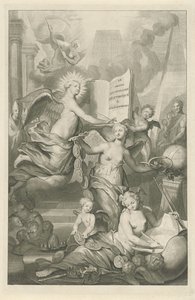 Sława, wieczność i sztuka pisania Strona tytułowa Louisa Moréri, Le grand dictionaire historique, 1731 autorstwa Pieter van Gunst