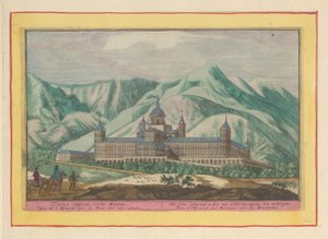 Widok z tyłu Escorial Samo Escurial; być widzianym od tyłu, przeciw górom (tytuł na obiekcie) Theatrum Hispaniae (...) (tytuł serialu) autorstwa Pieter van den Berge