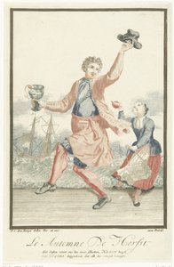 Tańczący mężczyzna z kubkiem w dłoni Le Automne / Jesień (tytuł na obiekcie) Cztery pory roku (tytuł serii) autorstwa Pieter van den Berge