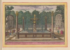Fontanna Ciernia Wyciąg w Ogrodach Pałacu Królewskiego w Aranjuez Fontanna Harpyen i Toonpluysertjen w Aranjues (tytuł na obiekcie) Theatrum Hispaniae (...) (tytuł serialu) autorstwa Pieter van den Berge