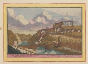 Widok na Alcazar de Toledo Pałac Królewski w Toledo; przy moście leżącym nad Tajo (tytuł na obiekcie) Theatrum Hispaniae (...) (tytuł serialu) autorstwa Pieter van den Berge