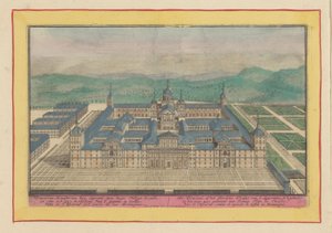 Widok z lotu ptaka na Escorial Escuriaal, czyli klasztor Heerlyke S. Laurentius, w całości: zbudowany w 1557 roku przez króla Filipa II (tytuł na obiekcie) Theatrum Hispaniae (...) (tytuł serialu) autorstwa Pieter van den Berge