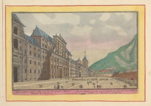 Widok na dziedziniec i fasadę Escorial Własny krużganek z przodu; Stojąc samotnie niedaleko Madrytu (tytuł na obiekcie) Theatrum Hispaniae (...) (tytuł serialu) autorstwa Pieter van den Berge