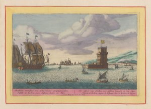 Wieża Belém położona nad rzeką Tagus Zamek Bellem, leżący przed Lizboną w Tajo (tytuł na obiekcie) Theatrum Hispaniae (...) (tytuł serialu) autorstwa Pieter van den Berge