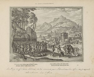 Abraham en de koning van Sodom Bądź tą żelazną ścianą (tytuł na obiekcie) Święte herby i główne historie obu testamentów (Oude Testament) (tytuł serii) Zdjęcia i ryciny książek (tytuł serii) autorstwa Pieter van der Borcht (I)