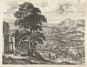 Abraham karmi trzech aniołów Pejzaże z historią Abrahama (tytuł serii) autorstwa Pieter van der Borcht (I)