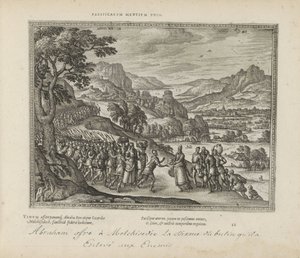 Abraham spotkał Melchizedeka Związek spokojnych umysłów (tytuł na obiekcie) Święte emblematy i główne historie obu testamentów (Oude Testament) (tytuł serii) Zdjęcia i ryciny książek (tytuł serii) autorstwa Pieter van der Borcht (I)
