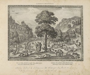 Bóg pokazał Adamowi het paradijs Liberalny zakaz (tytuł na przedmiocie) Święte emblematy i główne historie obu testamentów (Oude Testament) (tytuł serii) Zdjęcia i ryciny książek (tytuł serii) autorstwa Pieter van der Borcht (I)