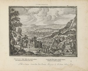 Landschap spotkał Abrahama en de drie engelen Boska operacja (tytuł na obiekcie) Święte herby i główne historie obu testamentów (Oude Testament) (tytuł serii) Zdjęcia i ryciny książek (tytuł serii) autorstwa Pieter van der Borcht (I)
