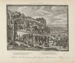 Landschap met de verdrijving van Hagar en Ismaël door Abraham Adoptowani synowie lucusa (tytuł na obiekcie) Święte emblematy i główne historie obu testamentów (Oude Testament) (tytuł serii) Zdjęcia i ryciny książek (tytuł serii) autorstwa Pieter van der Borcht (I)