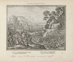 Lot wordt wegvoeder uit Sodom Uczucie splątane dobro (tytuł na przedmiocie) Święte emblematy i główne historie obu testamentów (Oude Testament) (tytuł serii) Zdjęcia i ryciny książek (tytuł serii) autorstwa Pieter van der Borcht (I)