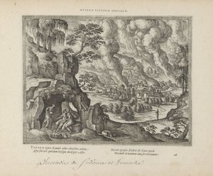 Vernietiging van Sodom en Gomorrah / Lot en zijn dochters Wieczny pomnik sprawiedliwości (tytuł na obiekcie) Święte emblematy i główne historie obu testamentów (Oude Testament) (tytuł serii) Zdjęcia i ryciny książek (tytuł serii) autorstwa Pieter van der Borcht (I)