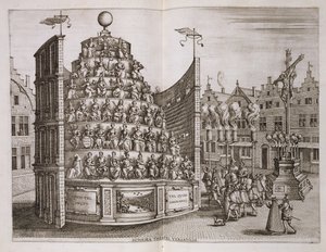 Ilustracja przedstawiająca ruchomy teatr, z "Historica narratio profectionis et inaugurationis..." Johannesa Bochiusa, Plantin Press, 1602 r.