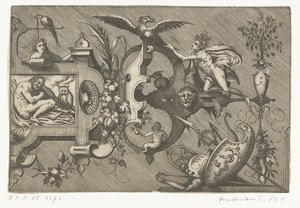Prawa połowa dużego kartusza przedstawiającego Noc Compertimenta pictoriis flosculis manubiisque… (tytuł serii) autorstwa Pieter van der Heyden