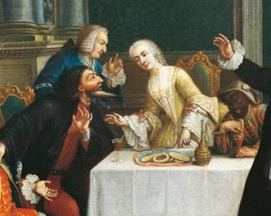 "Przekąska z maskami"" Komicy w strojach Komedii dell