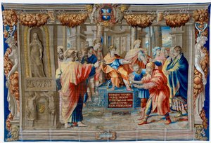 Gobelin z XVII wieku przedstawiający Oślepienie czarnoksiężnika Elima autorstwa Pietro 1579 1669 Fevère