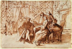 Muzyczna impreza (pióro i brąz przemyj czarną kredą na papierze) autorstwa Pietro Antonio Novelli