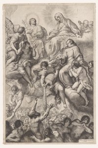 Maryja, Józef i Antoni z Padwy jako orędownicy dusz czyśćcowych autorstwa Pietro Antonio de Pietri