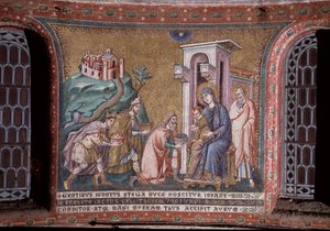 Adoracja Mozaikowych Trzech Króli z absydy Pietro Cavalliniego (czynna ok. 1273-1330) koniec XIII wieku (Adoracja Trzech Króli, mozaika z absydy Pietro Cavalliniego, koniec XIII w.) Rzym, kościół Santa Maria in Trastevere Włochy