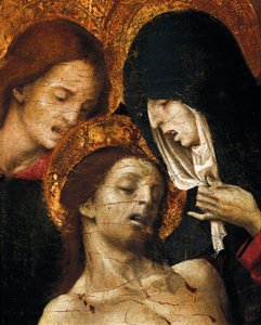Zdjęcie z Krzyża (Deposizione), fragment św. Jana, Matki Boskiej i Chrystusa, początek XVI w. (tempera na panelu) autorstwa Pietro Cavaro