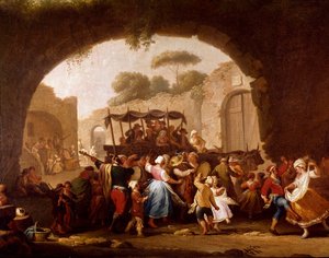 Scena taneczna i popularna impreza w Neapolu Szczegóły. Tancerze tarantelli (tarantella, tarantella). Obraz Pietro Fabris (aktywny w latach 1763-1776) XVIII-wieczny Neapol, Museo Nazionale di San Martino