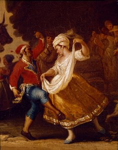 Scena taneczna i popularna impreza w Neapolu Szczegóły tarantelli (tarantella, tarantella). Obraz Pietro Fabris (aktywny w latach 1763-1776) XVIII-wieczny Neapol, Museo Nazionale di San Martino