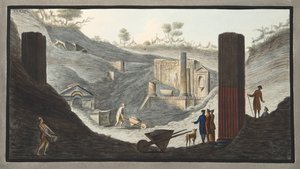 Wczesne wykopaliska w Herkulanum, w których Sir William był aktywny przy wsparciu monarchów, z „Campi Phlegraei: Obserwacje na wulkanach Dwóch Sycylii” Williama Hamiltona, 1776