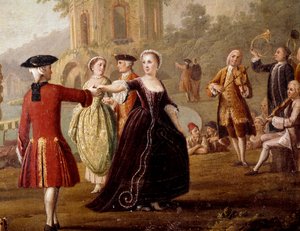 Szlachetna scena tańca i uczty w Neapolu Tancerze w parku. Malarstwo Pietro Fabris (czynne w latach 1763-1776). XVIII-wieczny Neapol, Museo Nazionale di San Martino