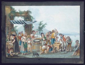 Jedzący spaghetti nad Zatoką Neapolitańską, Wezuwiusz w tle (gwasz na papierze) autorstwa Pietro Fabris