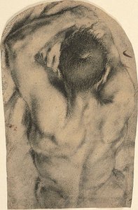 Półdługi leżący akt męski widziany od tyłu, ok. 1590 (węgiel drzewny, farba olejna i ślady bieli ołowiowej na papierze)
