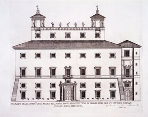 Palazzo Serenissima, Casa Medici, na wzgórzu Pincio, Rzym, z „Palazzi di Roma”, wydana ok. 1655-70 autorstwa Pietro Ferrerio